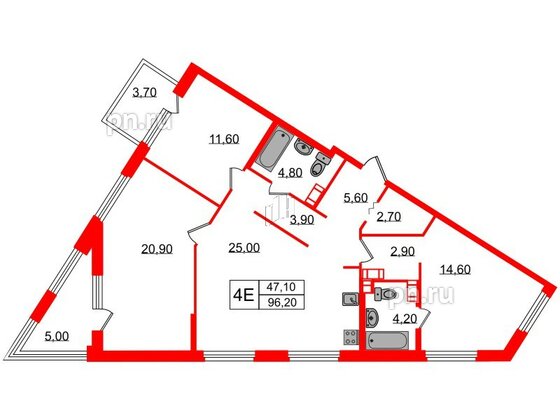 Квартира в ЖК Куинджи, 3 комнатная, 96.2 м², 5 этаж