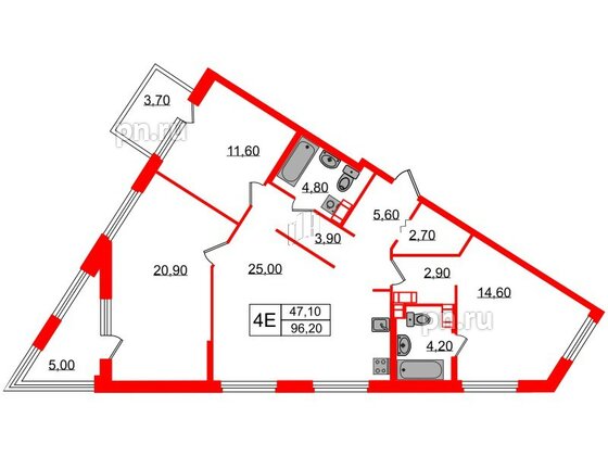 Квартира в ЖК Куинджи, 3 комнатная, 96.2 м², 6 этаж