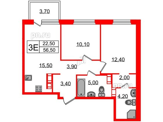 Квартира в ЖК Куинджи, 2 комнатная, 58.5 м², 5 этаж