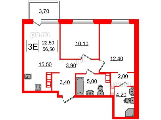 Квартира в ЖК Куинджи, 2 комнатная, 58.5 м², 10 этаж