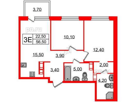 Квартира в ЖК Куинджи, 2 комнатная, 58.5 м², 11 этаж