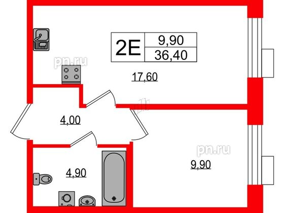 Квартира в ЖК Парусная 1, 1 комнатная, 36.4 м², 2 этаж