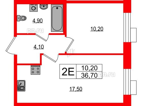 Квартира в ЖК Парусная 1, 1 комнатная, 36.7 м², 2 этаж