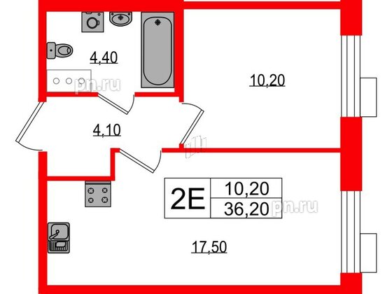 Квартира в ЖК Парусная 1, 1 комнатная, 36.2 м², 3 этаж