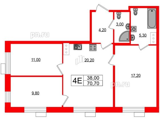 Квартира в ЖК Парусная 1, 3 комнатная, 70.7 м², 7 этаж