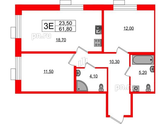 Квартира в ЖК Парусная 1, 2 комнатная, 61.8 м², 3 этаж