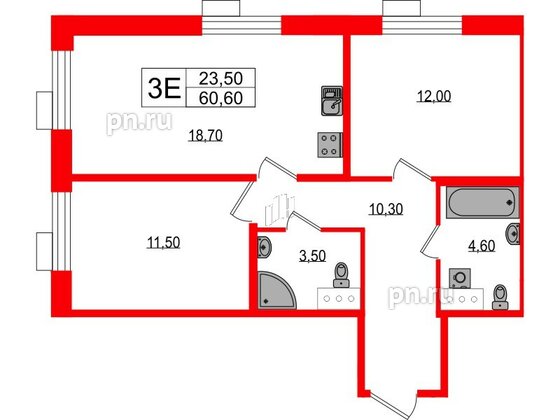 Квартира в ЖК Парусная 1, 2 комнатная, 60.6 м², 5 этаж