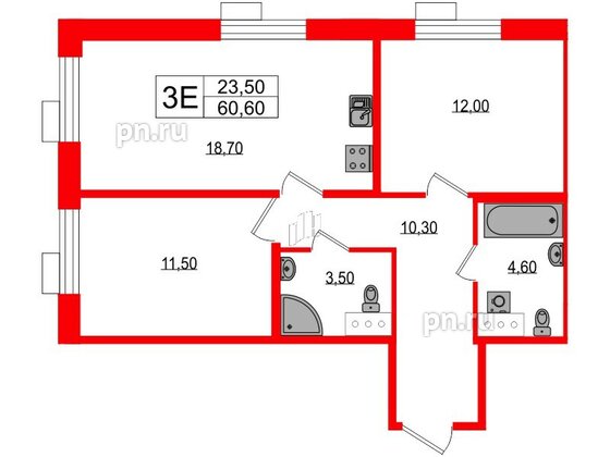 Квартира в ЖК Парусная 1, 2 комнатная, 60.6 м², 7 этаж