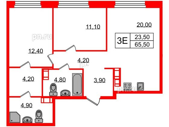 Квартира в ЖК Куинджи, 2 комнатная, 67.1 м², 2 этаж