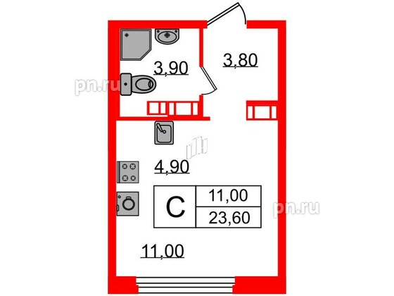 Квартира в ЖК «Куинджи», студия, 23.6 м², 13 этаж