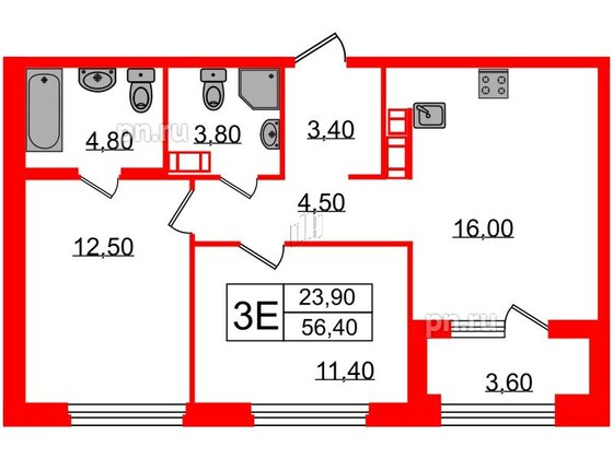 Квартира в ЖК Куинджи, 2 комнатная, 57.8 м², 14 этаж