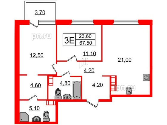 Квартира в ЖК Куинджи, 2 комнатная, 69.3 м², 8 этаж