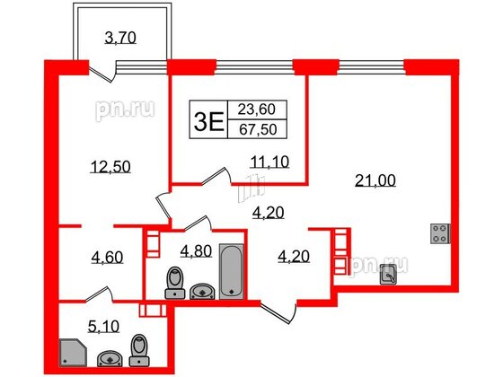 Квартира в ЖК Куинджи, 2 комнатная, 69.3 м², 11 этаж