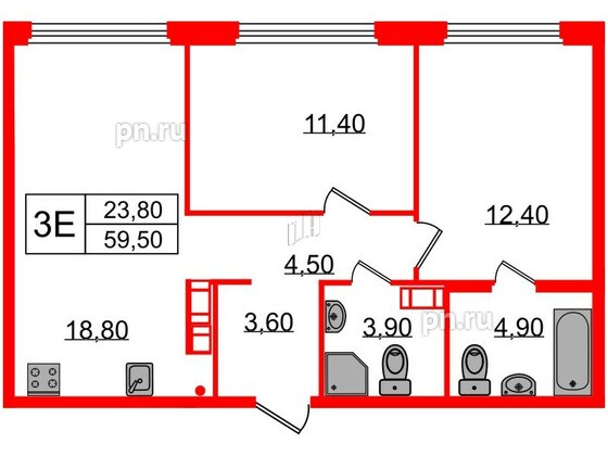 Квартира в ЖК Куинджи, 2 комнатная, 60.9 м², 4 этаж