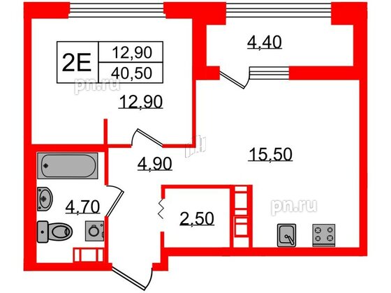 Квартира в ЖК Куинджи, 1 комнатная, 40.5 м², 8 этаж