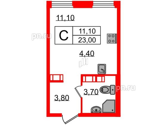 Квартира в ЖК «Куинджи», студия, 23 м², 13 этаж