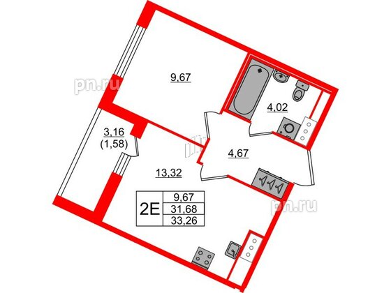 Квартира в ЖК Сандэй, 1 комнатная, 33.26 м², 3 этаж