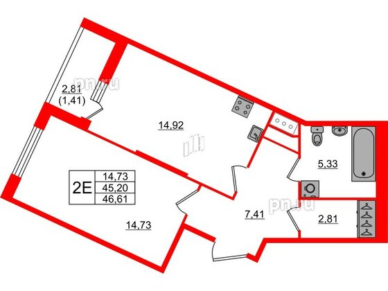 Квартира в ЖК Сандэй, 1 комнатная, 46.61 м², 4 этаж