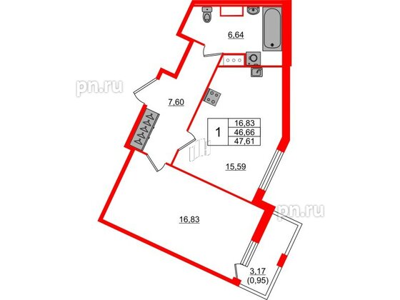 Квартира в ЖК Сандэй, 1 комнатная, 47.61 м², 2 этаж