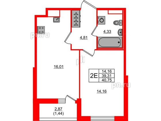 Квартира в ЖК Сандэй, 1 комнатная, 40.75 м², 1 этаж