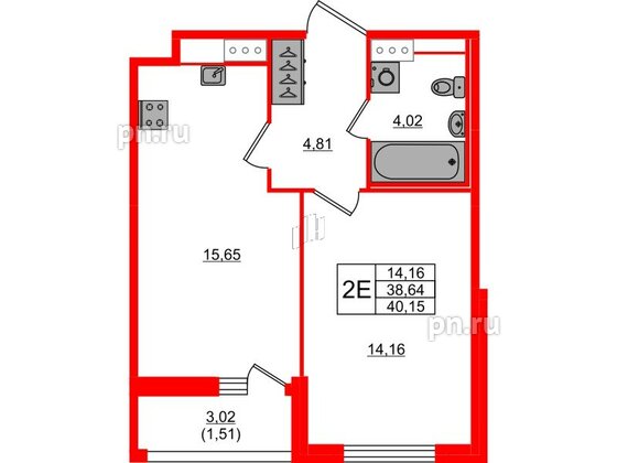 Квартира в ЖК Сандэй, 1 комнатная, 40.15 м², 6 этаж