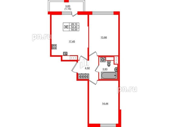 Квартира в ЖК Сандэй, 2 комнатная, 55.55 м², 7 этаж