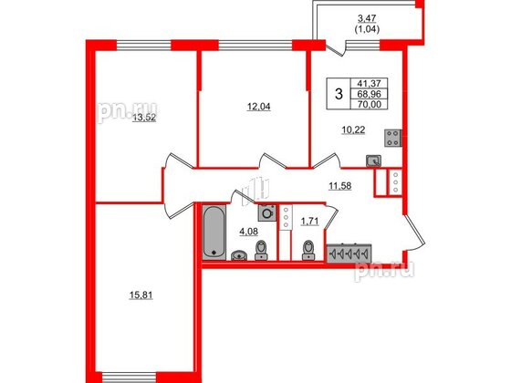 Квартира в ЖК Сандэй, 3 комнатная, 70 м², 5 этаж