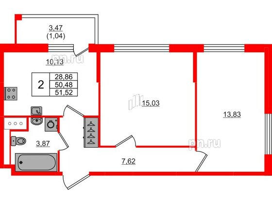 Квартира в ЖК Сандэй, 2 комнатная, 51.52 м², 2 этаж