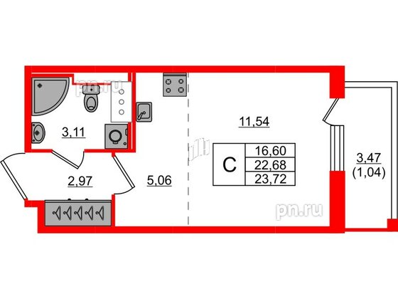 Квартира в ЖК Сандэй, студия, 23.72 м², 4 этаж