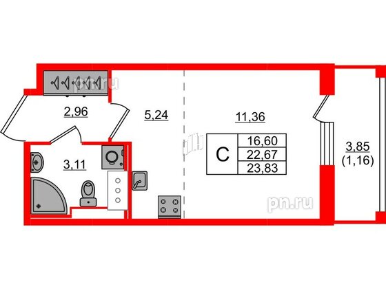 Квартира в ЖК Сандэй, студия, 23.83 м², 4 этаж