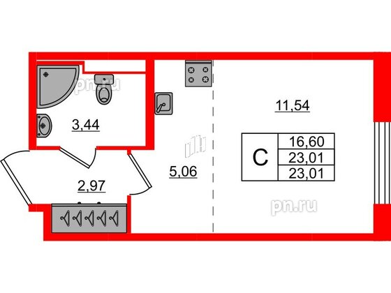 Квартира в ЖК Сандэй, студия, 23.01 м², 1 этаж