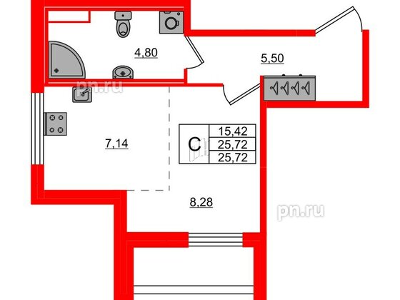 Квартира в ЖК Сандэй, студия, 25.72 м², 1 этаж