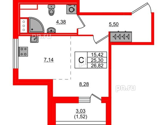 Квартира в ЖК Сандэй, студия, 26.82 м², 2 этаж