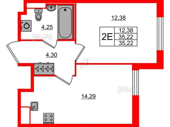 Квартира в ЖК Сандэй, 1 комнатная, 35.22 м², 1 этаж