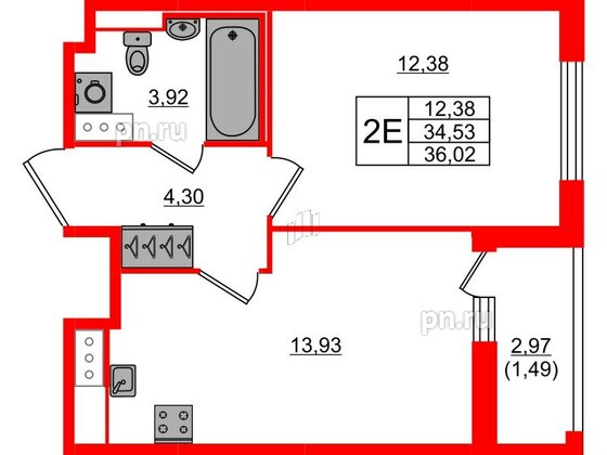 Квартира в ЖК Сандэй, 1 комнатная, 36.02 м², 4 этаж