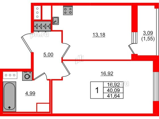 Квартира в ЖК Сандэй, 1 комнатная, 41.64 м², 2 этаж