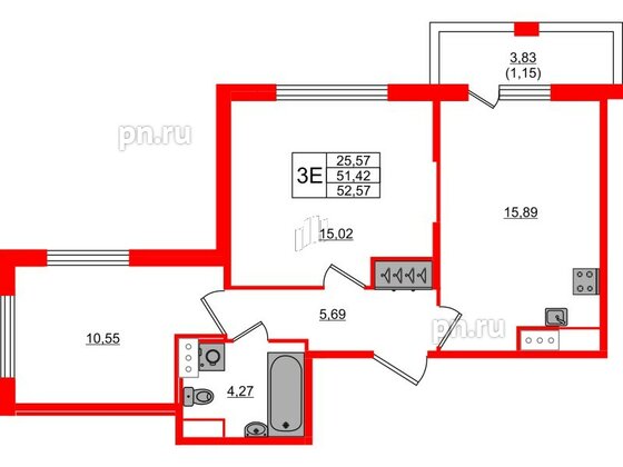 Квартира в ЖК Сандэй, 2 комнатная, 52.57 м², 2 этаж