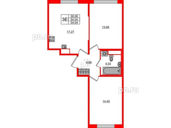 Квартира в ЖК Сандэй, 2 комнатная, 54.04 м², 1 этаж