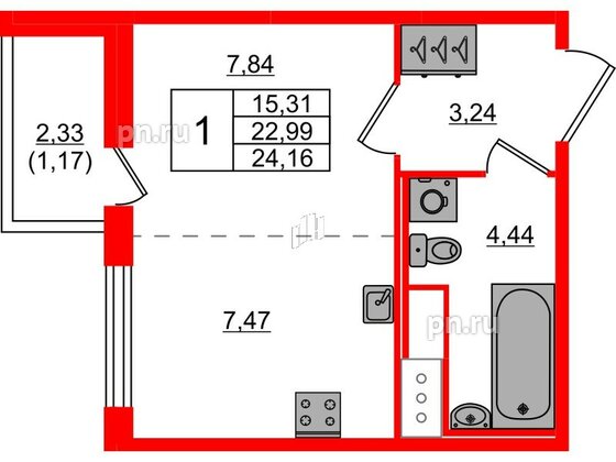 Квартира в ЖК Сандэй, студия, 24.16 м², 3 этаж