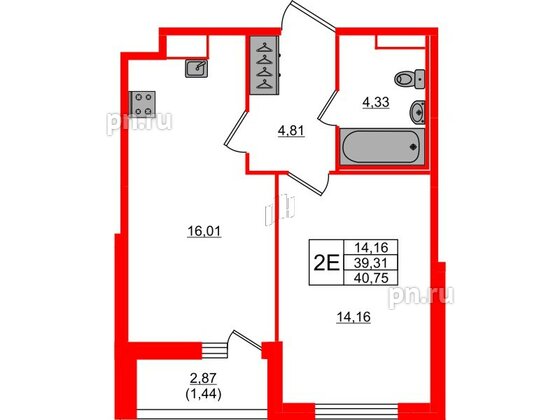 Квартира в ЖК Сандэй, 1 комнатная, 40.75 м², 1 этаж