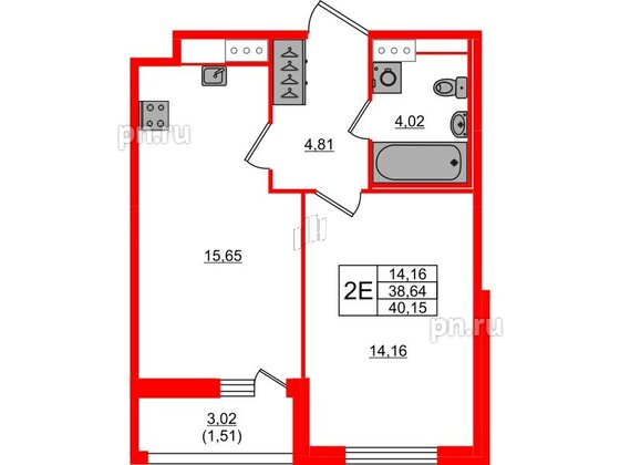 Квартира в ЖК Сандэй, 1 комнатная, 40.15 м², 4 этаж