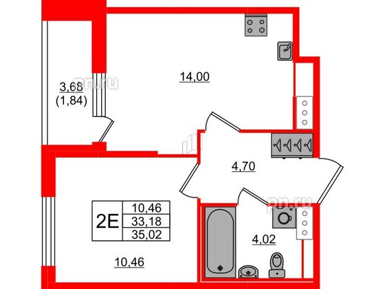 Квартира в ЖК Сандэй, 1 комнатная, 35.02 м², 4 этаж