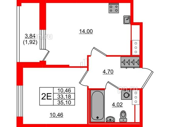 Квартира в ЖК Сандэй, 1 комнатная, 35.1 м², 6 этаж