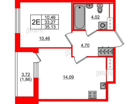 Квартира в ЖК Сандэй, 1 комнатная, 35.13 м², 2 этаж