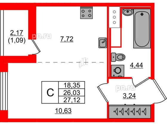 Квартира в ЖК Сандэй, студия, 27.12 м², 2 этаж