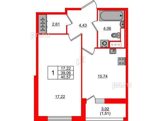 Квартира в ЖК Сандэй, 1 комнатная, 40.57 м², 2 этаж