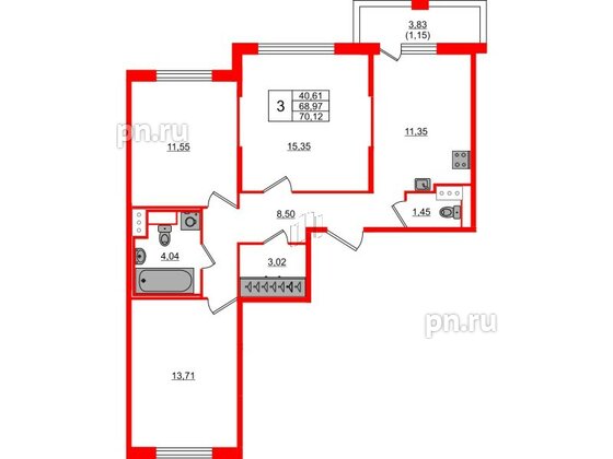 Квартира в ЖК Сандэй, 3 комнатная, 70.12 м², 4 этаж