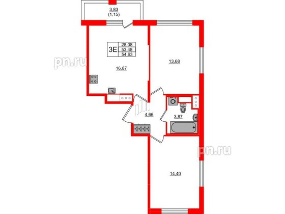 Квартира в ЖК Сандэй, 2 комнатная, 54.63 м², 6 этаж