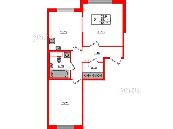 Квартира в ЖК Сандэй, 2 комнатная, 55.14 м², 1 этаж