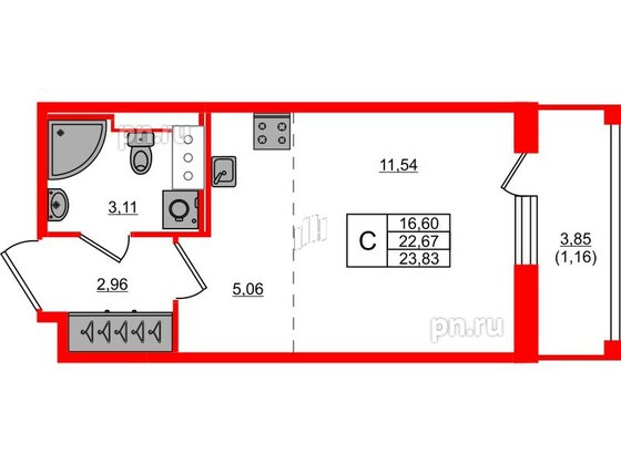 Квартира в ЖК Сандэй, студия, 23.83 м², 4 этаж